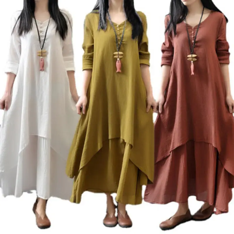 2022 Women's Plus Size Pleated Linen Blend Plain Long Loose Dress False Two-Pieces Hem Long Sleeve Casual Dress for Women