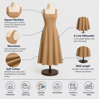 Robe Midi en Coton Doux à Col Carré Sans Manches Coupe Évasée pour Femme, Couleur Camel, Décontractée, Personnalisable avec Logo OEM, Vente en Gros