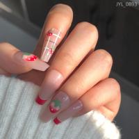 24 faux ongles longs en forme de cercueil, couleur nude, à presser, avec motifs fraise et French manucure