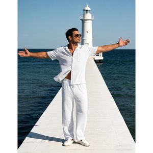 Ensemble 2 pièces décontracté pour homme FOXA – Chemise boutonnée à manches courtes et pantalon ample texturé rayé – Tenue de sport et de marche - Product Image 5