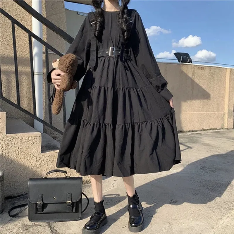 2023 FALL Gothic Style Dress Women vintage lolita Dress Punk Cute Long Sleeve Black Midi Dress