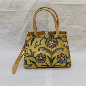 Yellow kashmir ari work Floral Embroidered Fashion Women's Tote Bag with PU Handle Zipper Shoulder Purse Gift Souvenir - Product Image 1