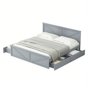 Cama King Size con Plataforma de Madera y Cajones de Almacenamiento, Estilo Rústico Gris, Muebles para Dormitorio - Product Image 1