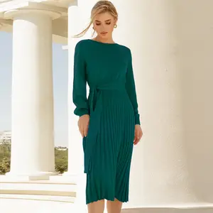 Fall Sexy Long Sleeve Solid Trending Dresses Cotton Spandex Shirt Pleated Women Long Sleeve Knitted Dress