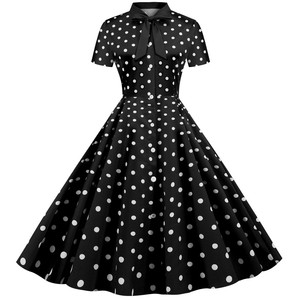 Nouveauté Vêtements pour femmes Robe vintage à pois et col montant d'été Jupe rétro élégante à nœud pour femme - Product Image 6