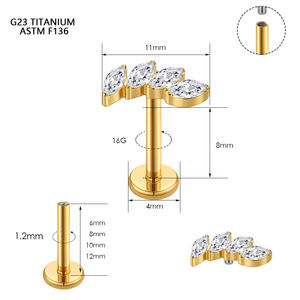 <span class=keywords><strong>Piercing</strong></span> Labret Classique en Titane ASTM F136 Plaqué Or 24K, Zircon Taille Marquise, Motif Fleur, pour Cartilage Hélix, Cadeau de Mariage et Fiançailles - Product Image 4