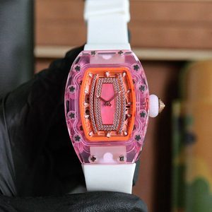 Premium Fashion Tonneau <b>Watch</b> Pink Crystal Construction with Diamond Dial and White <b>Rubber</b> Band - Product Image 1