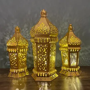 New Design Ramadan Hollowed Out Iron Led Light Wind Lamp Lantern Eid Mubarak Muslim Home Decoration