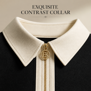 Elegante Abito Midi in Maglia <span class=keywords><strong>Nero</strong></span> a Contrasto con Collo a Polo, Maniche Corte e Cerniera, Stile Old Money Chic per l'Estate - Product Image 5