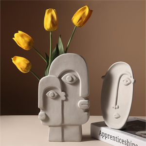 Decoración rústica nórdica, jarrón de cerámica de arcilla blanca con cara humana Retro, jarrón de cerámica minimalista - Product Image 5