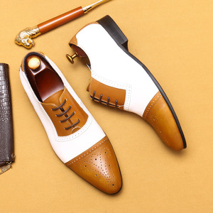 <strong>Men</strong> Two Tone White <strong>Tan</strong> Cap Toe <strong>Brogue</strong> Oxford Shoes Color Block Lace up Pointed Toe Formal Business Wedding Dress Shoes Wholesale - Product Image 3