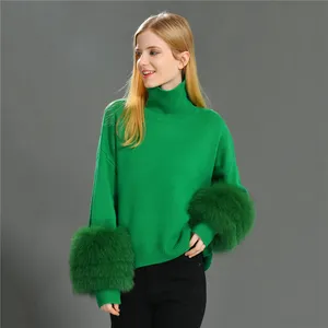 새로운 스타일 도매 니트 긴 소매 거북이 목 스웨터 진짜 여우 모피 패션 여성 사용자 정의 스웨터