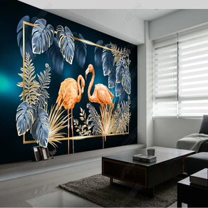 Papel Tapiz Autoadhesivo de Seda con Fondo <span class=keywords><strong>Azul</strong></span> Profundo, Flamencos y Plantas Tropicales, Impermeable, Fácil de Instalar, Moderno, para Dormitorio - Product Image 2