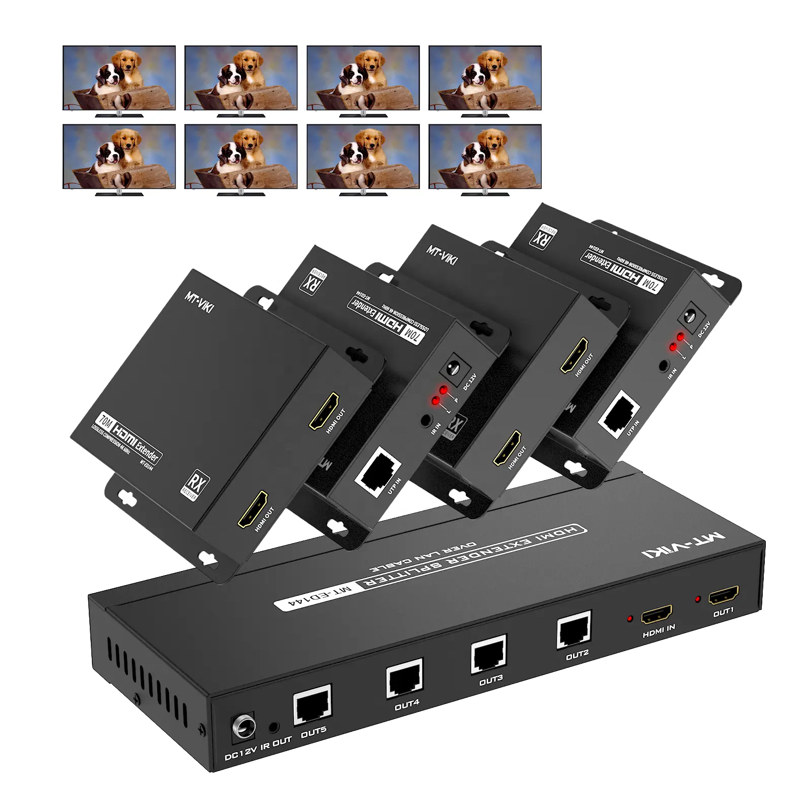 ईथरनेट 1x4 1x8 पर 4K 60Hz HDMI एक्सटेंडर स्प्लिटर, Cat6 POC + लूप 70M पर MT-VIKI 1 इन 4 आउट HDMI स्प्लिटर एक्सटेंडर