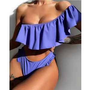 2023 Nieuwe In Voorraad Dames Effen Kleur Sexy Ruffle Hals Braziliaanse Bikini