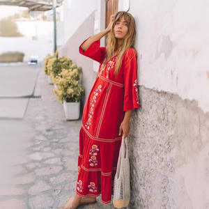 Kadın uzun kollu meksika işlemeli çiçek pileli Maxi gevşek kokteyl yeni Bohemian tatil tarzı v yaka moda elbise - Product Image 3
