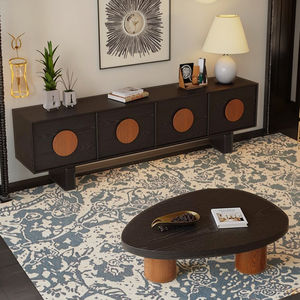 Mobile TV Full Moon in Legno Massello, Set Tavolino da Caffè, Nuovi Mobili di Alta Gamma Stile Mid-Century in Acciaio Inox Anticato per Soggiorno con 2 Cassetti - Product Image 4