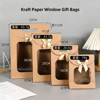 En stock, sac cadeau en papier kraft 260 g/m², boîte d'emballage pour pâtisserie, fenêtre transparente, couvercle à nœud papillon, petit sac cadeau créatif de couleur unie