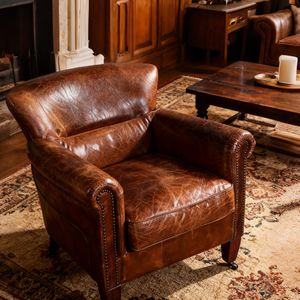 クラシックな本革製シングルソファ、木製フレーム、欧米風デザイン、リビングルームやオフィスに最適 |   高級家具 - Product Image 3