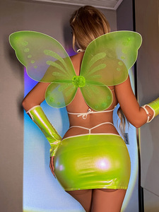 Women's Five-Piece Sexy Underwear Set Candy-Colored Bra Skirts Fairy Wings Patent Leather Suit Nightclub Fancy Pole Fabric - Product Image 4