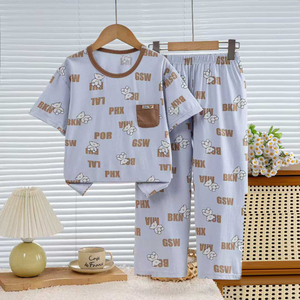 Nuovo <span class=keywords><strong>Pigiama</strong></span> Primaverile in Velluto Traspirante di <span class=keywords><strong>Cotone</strong></span> con Motivi Cartoon, Set con Maniche Corte e Pantaloni Lunghi per Bambini - Product Image 3