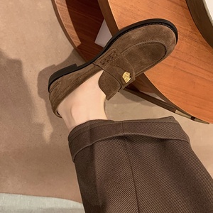 Versión de Piel de Caballo~Mocasines de Cuero Genuino con Parte Superior de Ante de Vaca para Mujer, Versátiles, Retro, Estilizan el Pie, Tacón Bajo y Grueso, Suela de Goma - Product Image 3