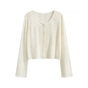 Women's Hollow-out Knit <b>Cardigan</b> White Thin Cotton Long Sleeve <b>Spring</b> French Style Sweater - Product Image 1