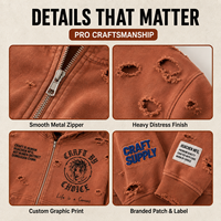 Sweats à capuche personnalisés pour hommes, orange rouille, zippés, effet déchiré, imprimé gothique, patch sur la manche, coupe oversize, fabricant OEM ODM privé