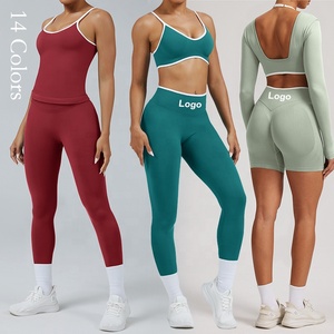 Custom logo Womens Workout Sets 5 Piece Seamless Color Block Yoga Outfits Shorts Leggings Crop <b>Top</b> Gym Athletic Clothing Set - Product Image 1