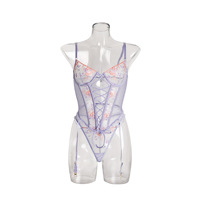 Ensemble de lingerie sexy érotique pour femmes, soutien-gorge en acier à armatures rétractables, dentelle transparente à l'avant, dos nu, ensemble de lingerie lavande