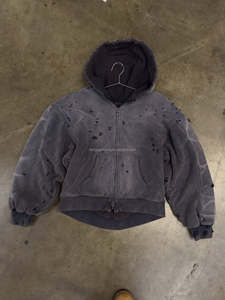 Sudadera con capucha térmica para hombre, estilo vintage, de algodón grueso y pesado, tejido gofrado, con efecto desgastado por el sol, corte holgado, doble capa, con cremallera. - Product Image 4