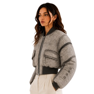 Blouson bomber court matelassé pour femme, style vintage délavé à l'acide, avec poches cargo, effet vieilli, vêtement d'extérieur type <span class=keywords><strong>aviateur</strong></span> - Product Image 2