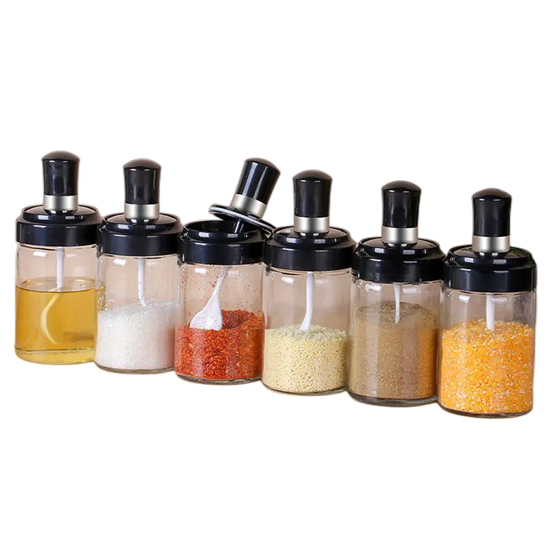Vendita calda condimento in vetro cucina trasparente bottiglie di spezie cucchiaio di pepe barattoli di condimento pennello per olio Dispenser di miele