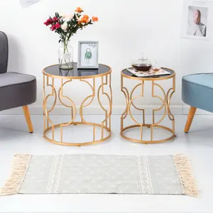 European style modern set of 2 nesting gold round glass coffee tables hotel furniture mesa centro