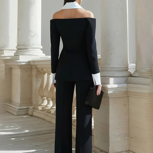 <span class=keywords><strong>Blazer</strong></span> Entallado Negro de Manga Larga con Hombros Descubiertos y Cuello en Contraste, Elegante y Sexy, con Logotipo Personalizado para Mujer - Product Image 3