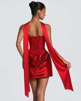 Robe Courte Sexy Bustier Corset avec Foulard Ras-du-Cou et Dos Lacé en Satin Froncé, Robe Moulante pour Femme, Soirée, Club, Fête