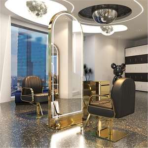 Estación de espejo de estilista de peluquero con marco de Metal de doble cara de lujo moderno profesional con luz LED para piso de salón de belleza - Product Image 4