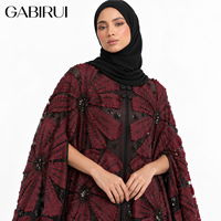 Abaya Robe Longue Bordeaux Luxe Grande Taille à Col Ouvert avec Broderie de Paillettes et Accents en Polyester/Satin, Parfaite pour les Musulmanes