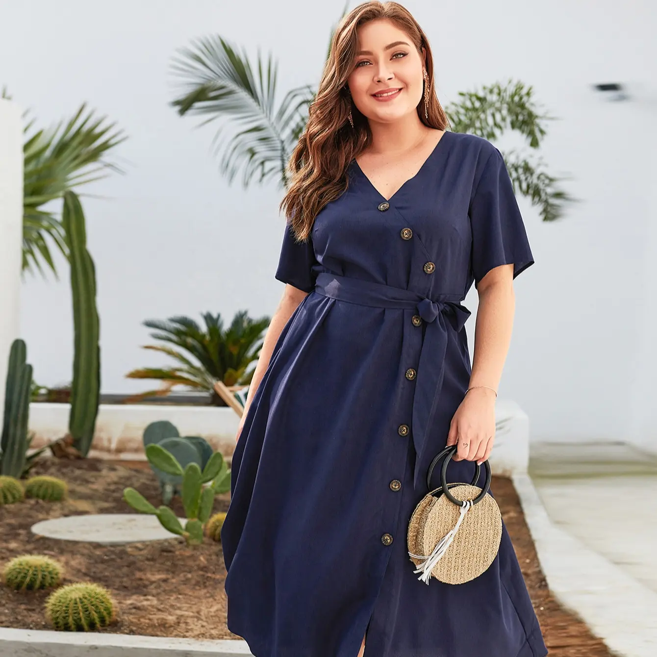 Plus size women fat dresses plus size women long shirt dress Relaxed fit shirt dress with V neck and button for summer