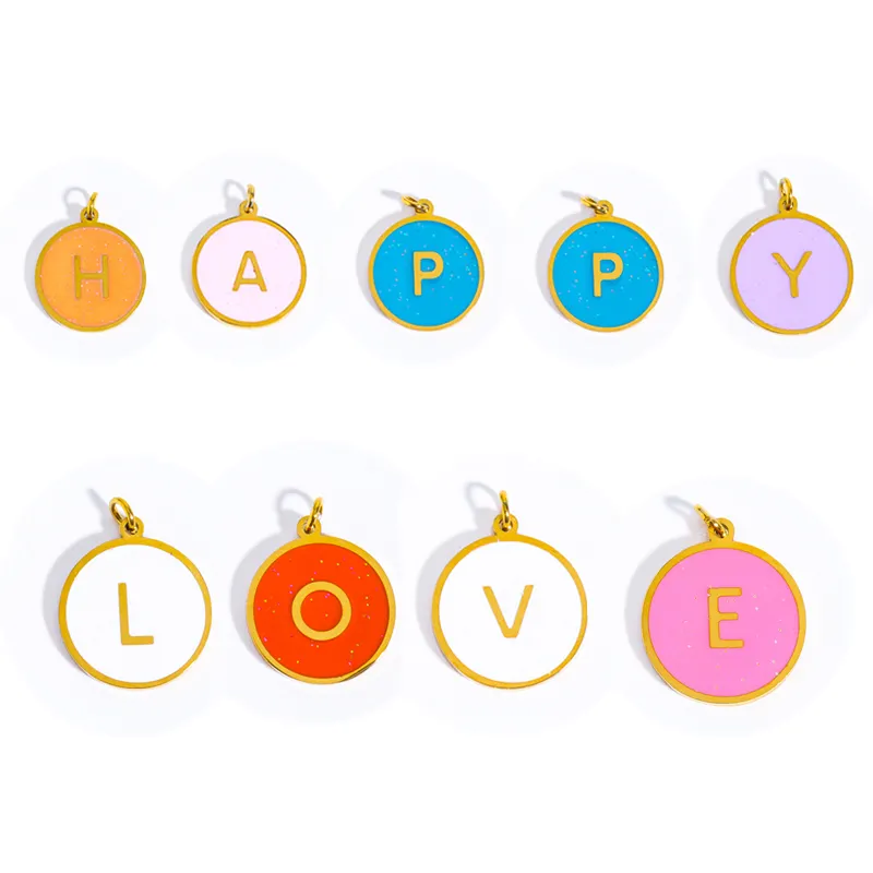 Pendentif Alphabet à disque de 16mm en acier inoxydable avec A-Z délicat rempli d'huile multicolore pour filles et femmes