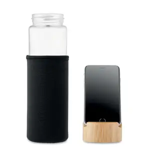 Botol air kaca olahraga tutup bambu bebas bocor 600 Ml dengan fungsi dudukan ponsel pintar dan Neoprene
