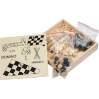 Ensemble de jeux en bois économique avec échecs, Mikado, dames et dominos - Cadeau promotionnel original pour les soirées de jeux à la maison et en voyage