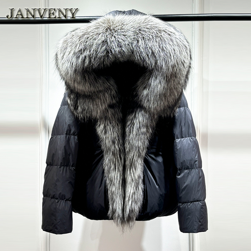 Stylish JANVENY Women's Real Fox Fur Collar Puffer Jacket - Warm