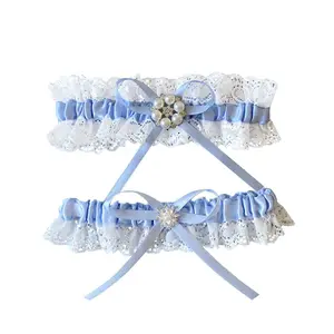 LG-24 Blue Lace Wedding Garter for Bride Stretch Prom Garters Bridal Leg Garter Set