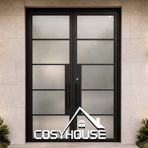 Minimalist Black Steel Double Entry <b>Door</b> with Frosted Privacy Glass Panels - Product Image 1
