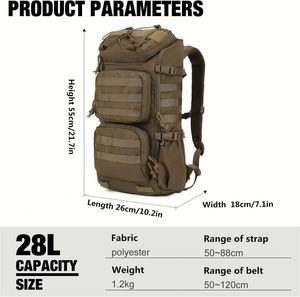 Sac à dos tactique en denim 28L avec système MOLLE, fermeture éclair, léger et durable pour la randonnée, l'alpinisme et les voyages - Product Image 2