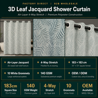 Rideau de douche Air Layer extensible dans 4 directions, motif feuille, 183x183cm, 140GSM, 10 œillets, tissu texturé, décoration de salle de bain