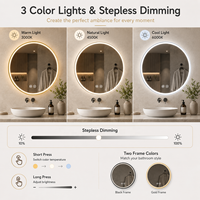 Miroir de salle de bain rond à LED mural anti-buée avec éclairage, commande tactile, 3 températures de couleur, intensité réglable