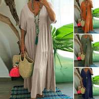Robe longue décontractée en coton et lin pour femme, col en V, manches courtes, coupe ample et fluide à volants