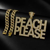 Collier tendance en alliage de zinc avec pendentif PEACH PLEASE en strass, chaîne cubaine dorée pour homme, bijoux de scène pour rappeur hip-hop